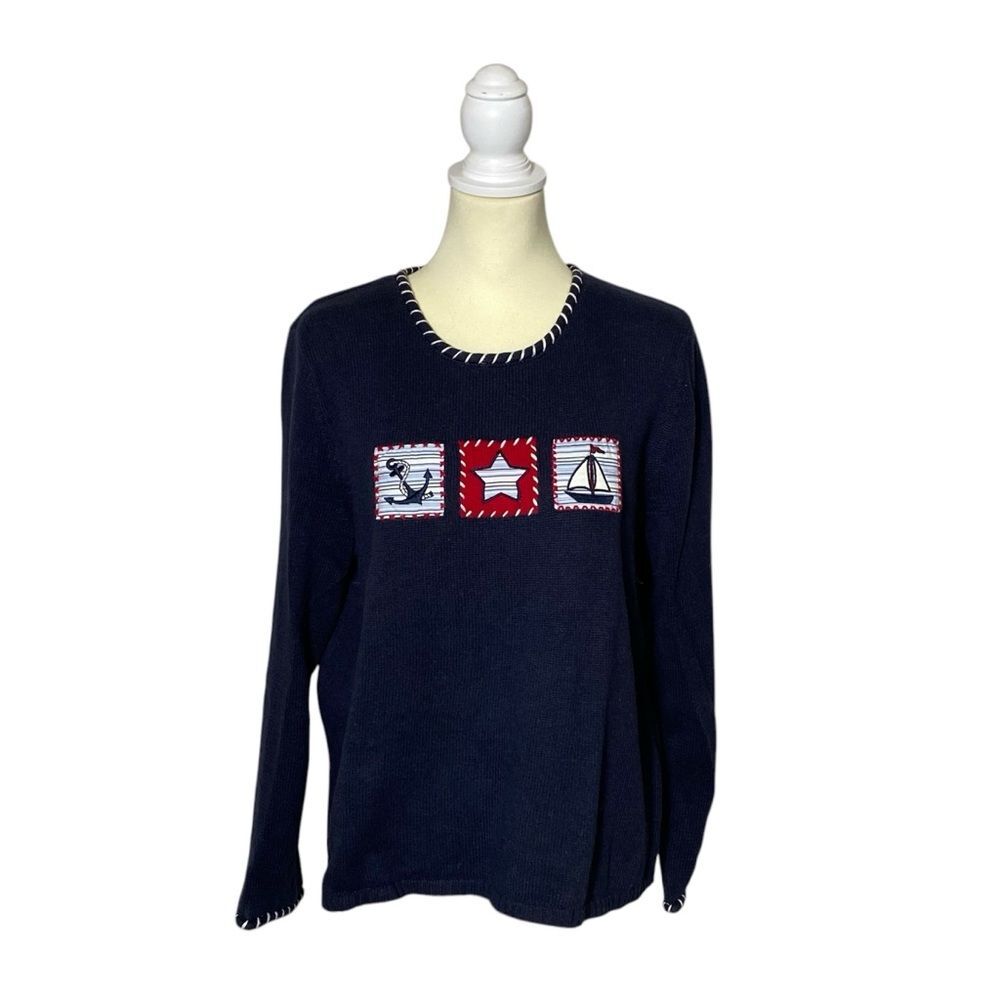 Vintage Christopher & Banks Hand Embroidered Nautical Theme Knit Sweater Size XL